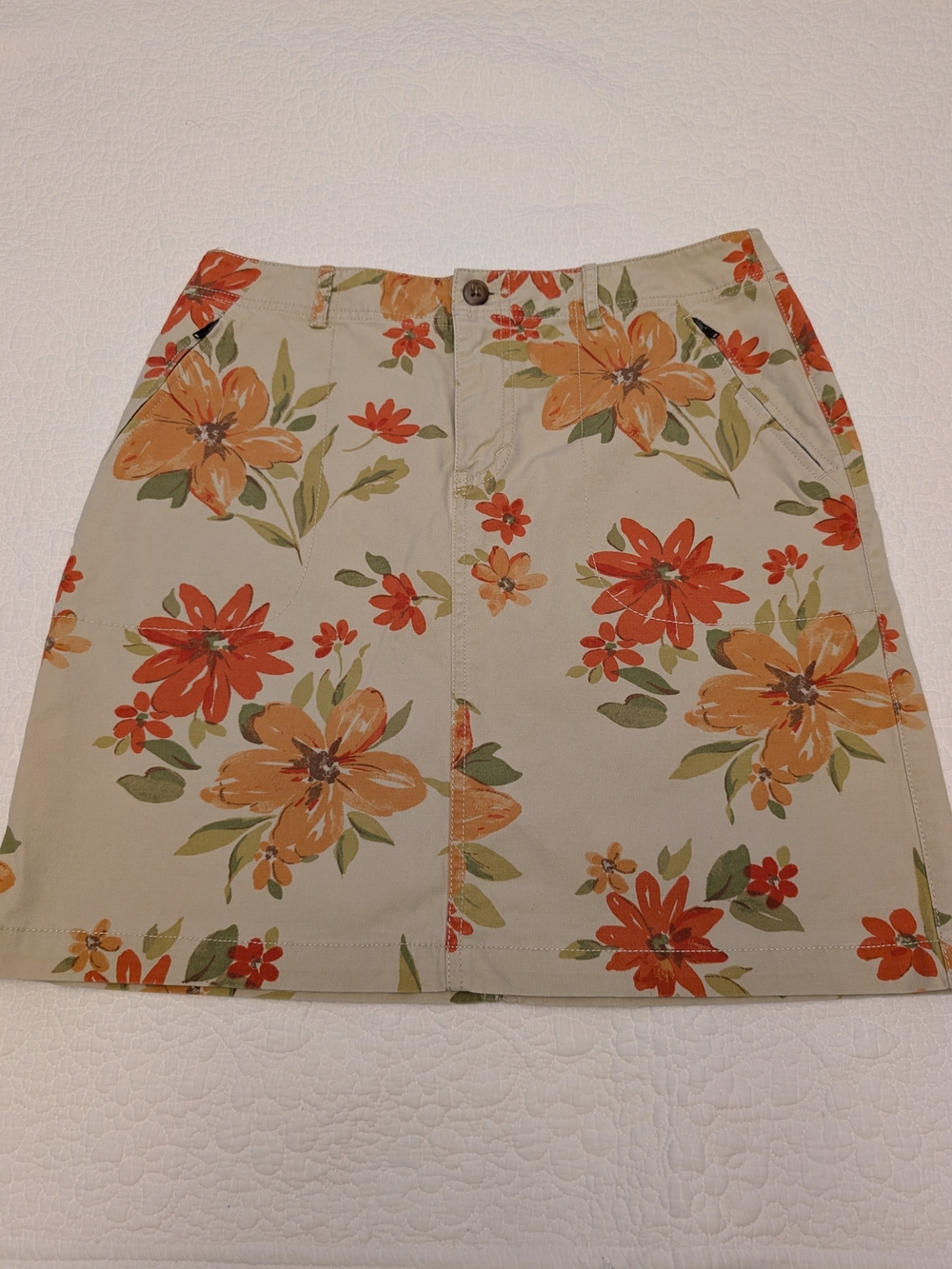 Eddie Bauer Beige Mini Skirt with Orange & Green Floral Print
